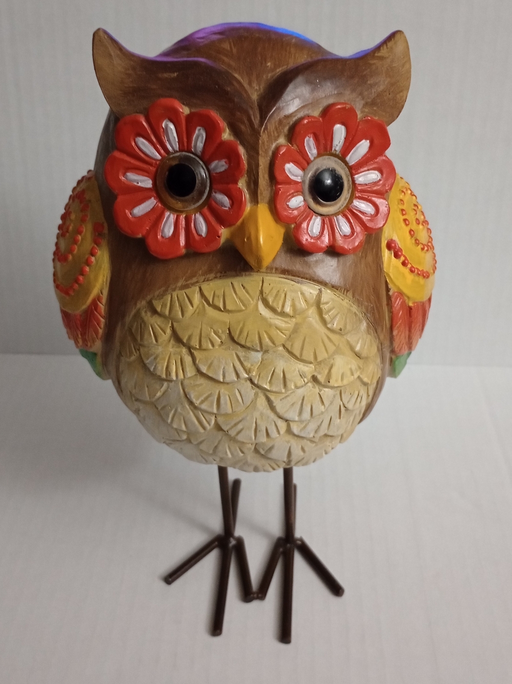 Decorative Owl Figure Whimsical Folk Art Design Resin Wood-Like Texture 11" Tall